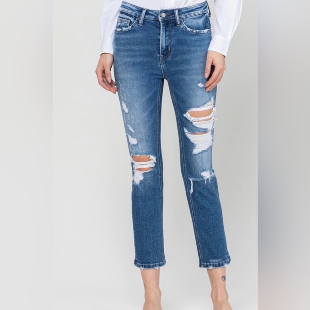 Vervet Jeanne High Rise Dark Wash Distressed Ankle Blue Jeans Straight Leg 29